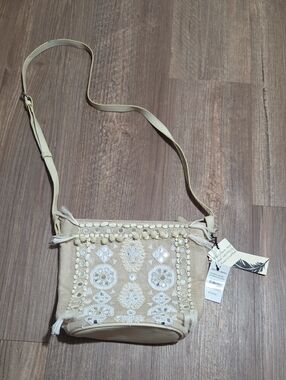 Boho Angel Martino Embroidered Beige Crossbody Bag with Tassel Accents